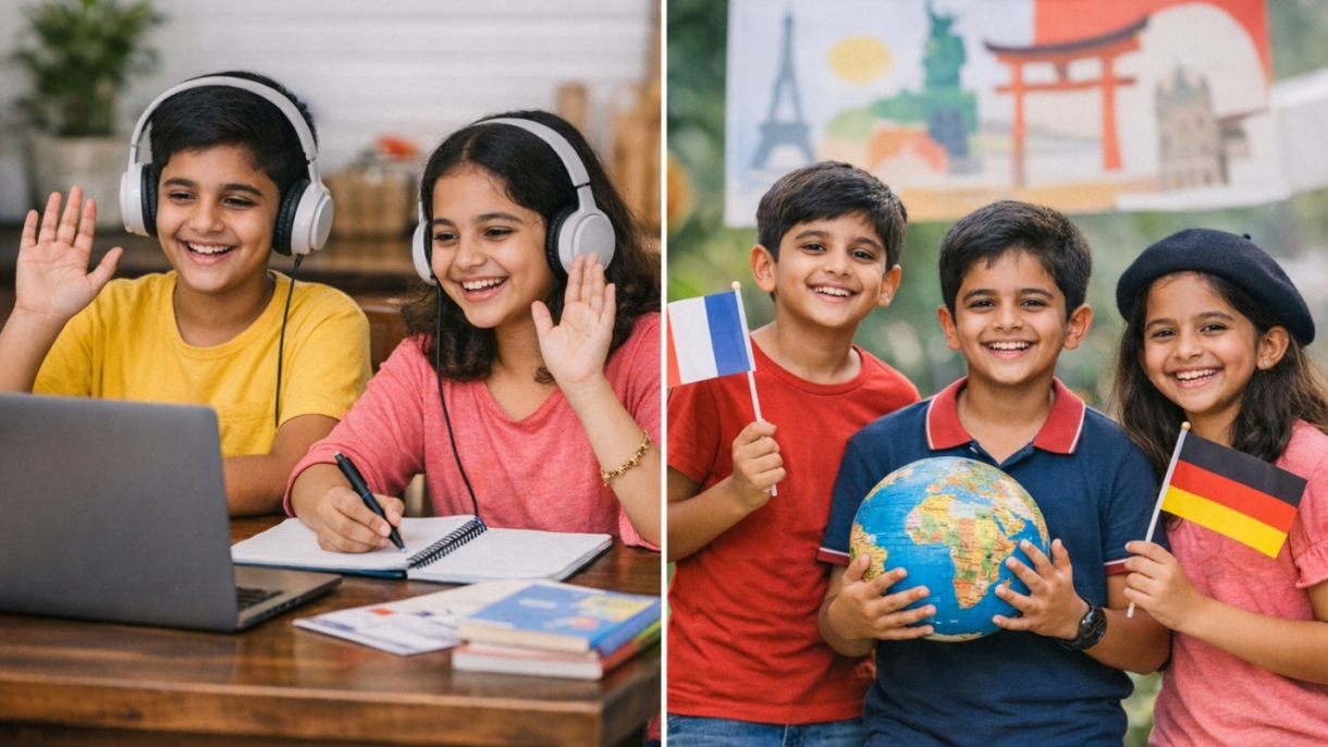 Indian children at a summer camp holding flags and a globe, learning a new language with cultural elements.