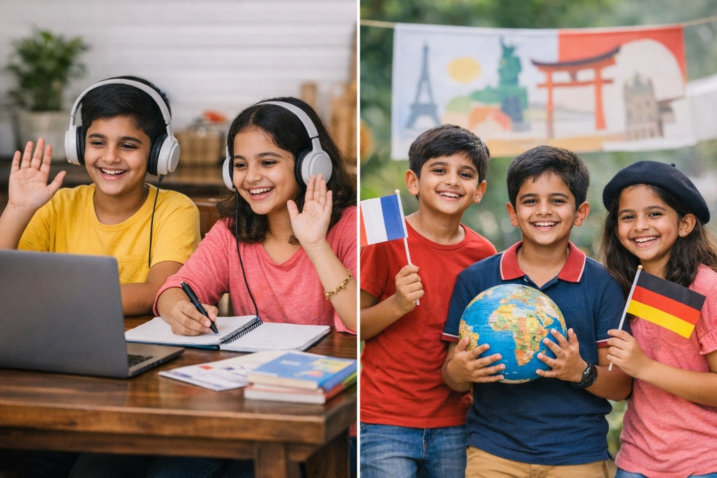 Indian children at a summer camp holding flags and a globe, learning a new language with cultural elements.