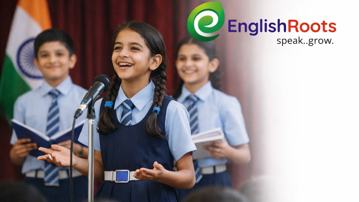 Public Speaking and Confident English for Indian students – schoolchildren delivering a stage presentation in English with the EnglishRoots logo, symbolizing growth, communication, and language learning.