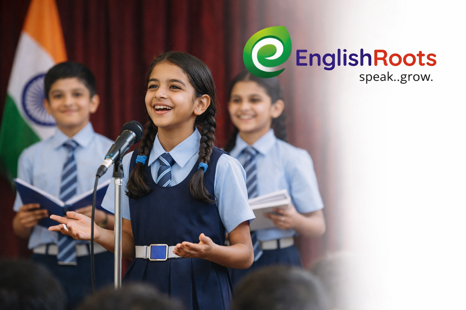 Public Speaking and Confident English for Indian students – schoolchildren delivering a stage presentation in English with the EnglishRoots logo, symbolizing growth, communication, and language learning.