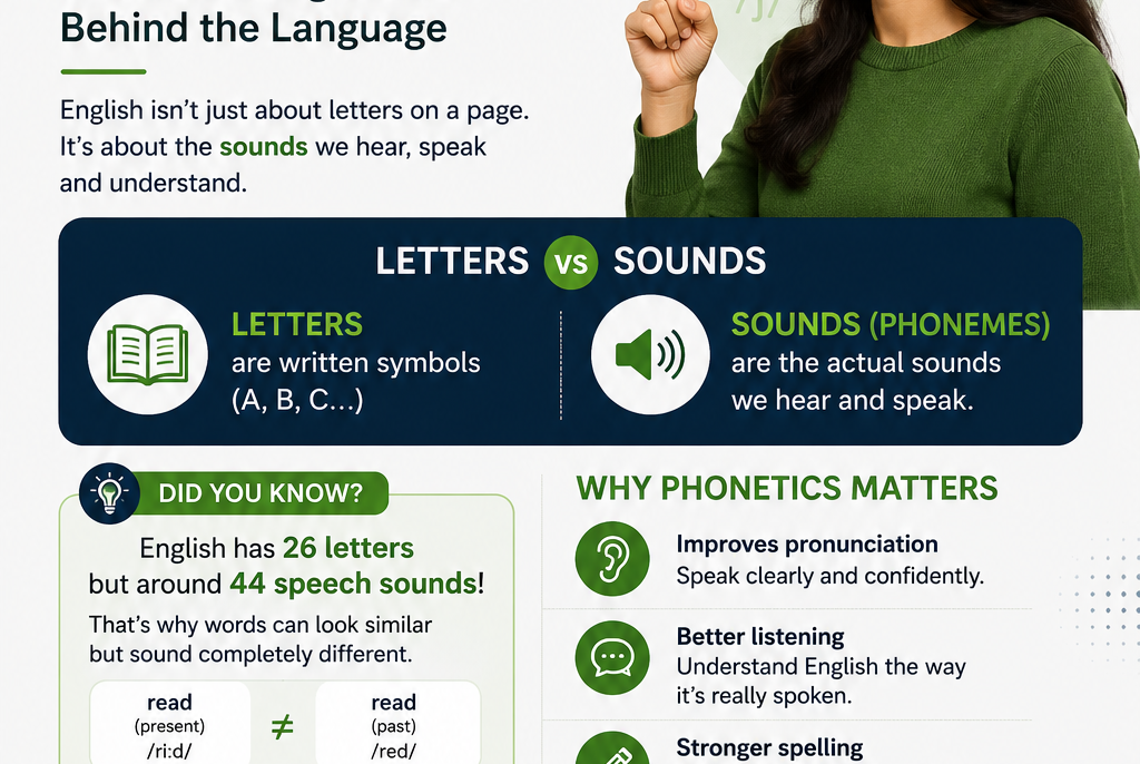 EnglishRoots educational poster explaining phonetics, English speech sounds, and the difference between letters and sounds to improve pronunciation.